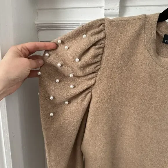 Pomander Place Tuckernuck Puff Pearl Sleeve Sweater Small Tan - Picture 3 of 6